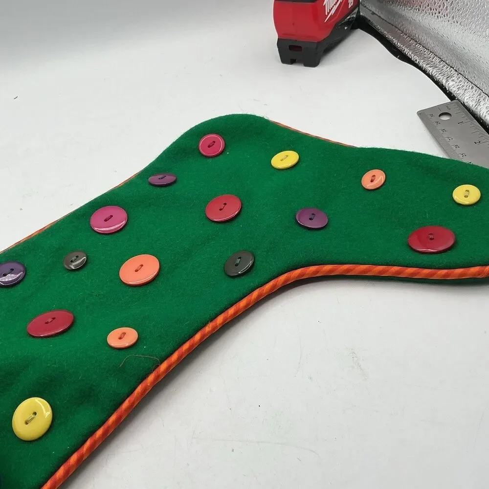 Crate & Barrel Buttons Christmas Stocking Pom Pom Wool Felt 18” Retired